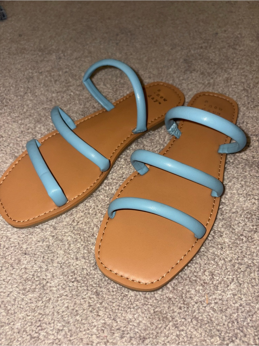 Target Women’s Three-Strap Flat Sandals in Light Blue and Tan